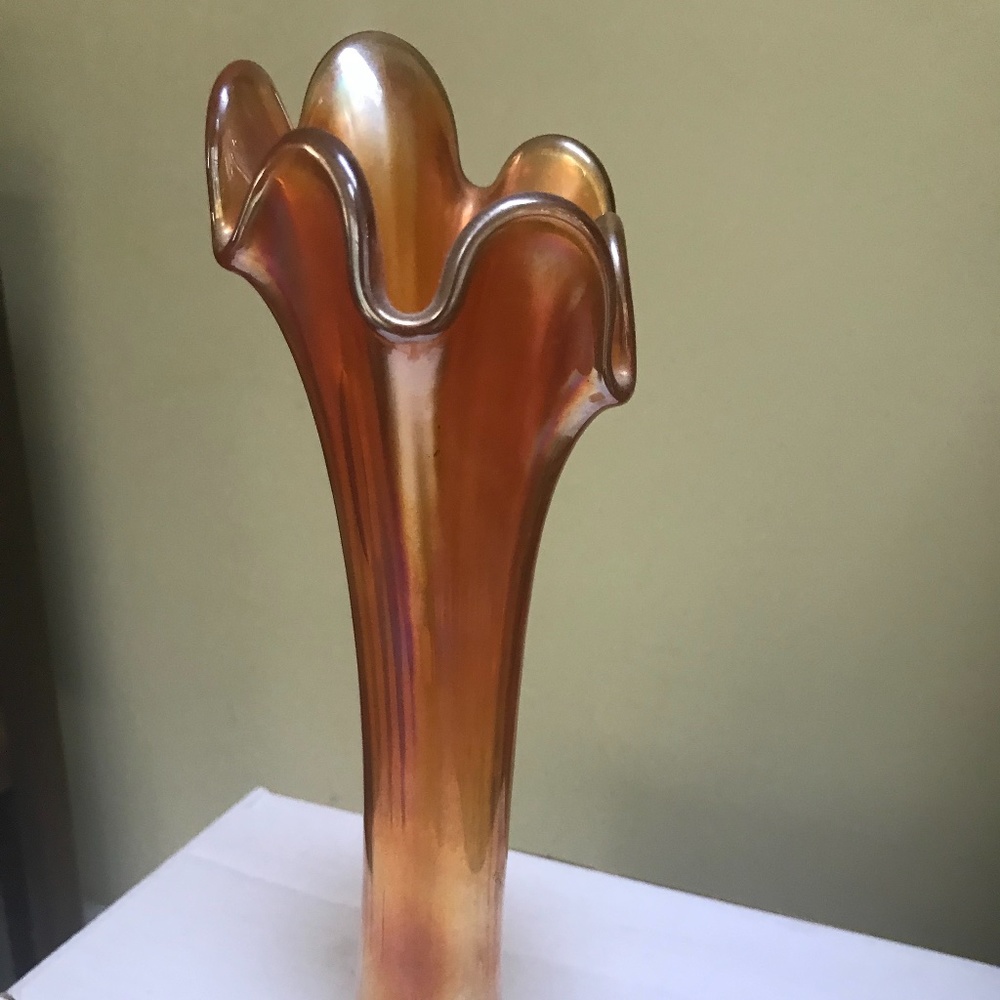 BURNT ORANGE CARNIVAL GLASS TALL FLUTE VASE